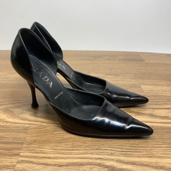 Prada D'Orsay Pump High Heels Pointed Toe Black Patent Leather Womens Size 37 - Picture 1 of 11
